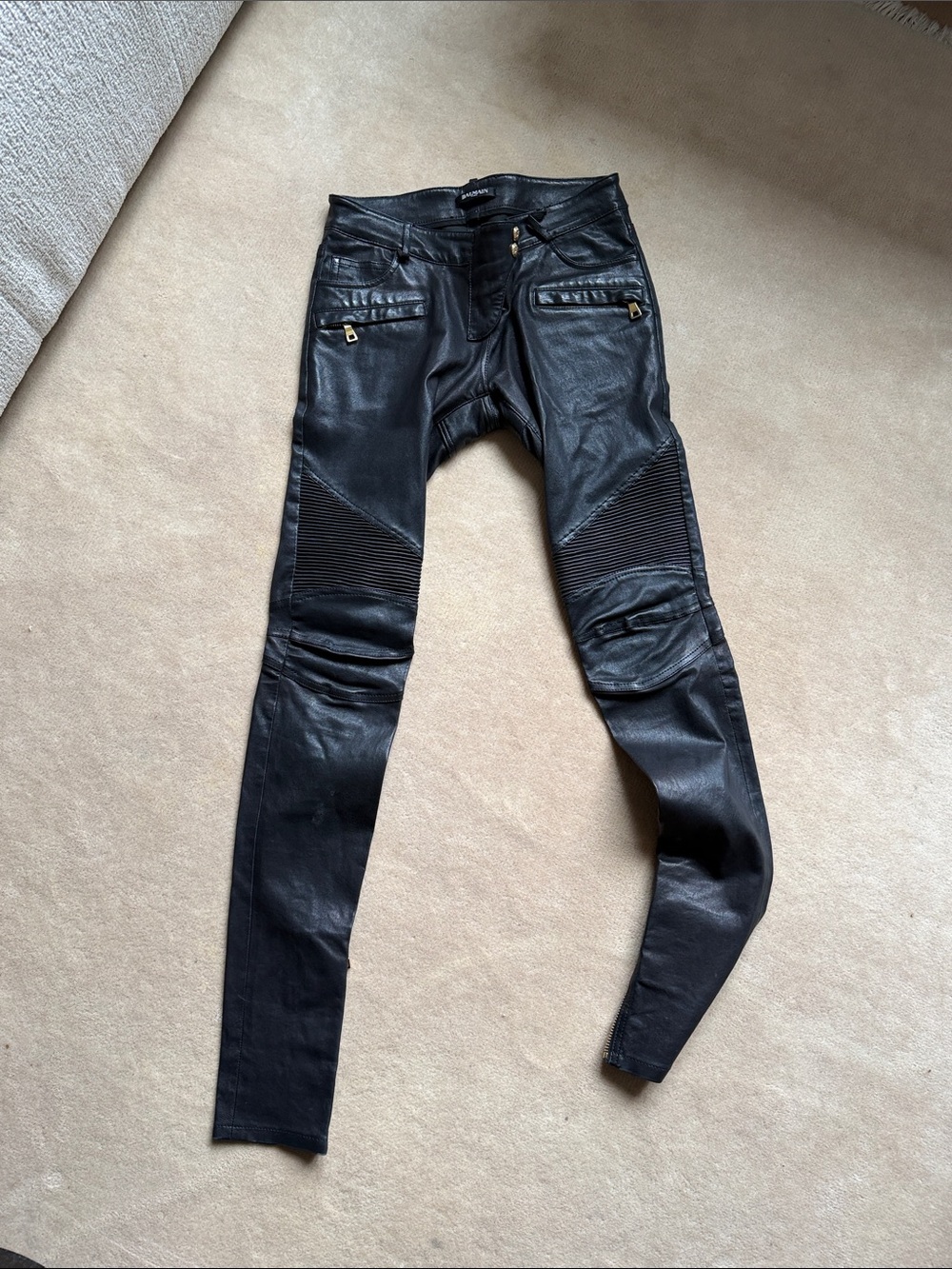 Balmain Black Leather Biker Trousers with Gold Accents
